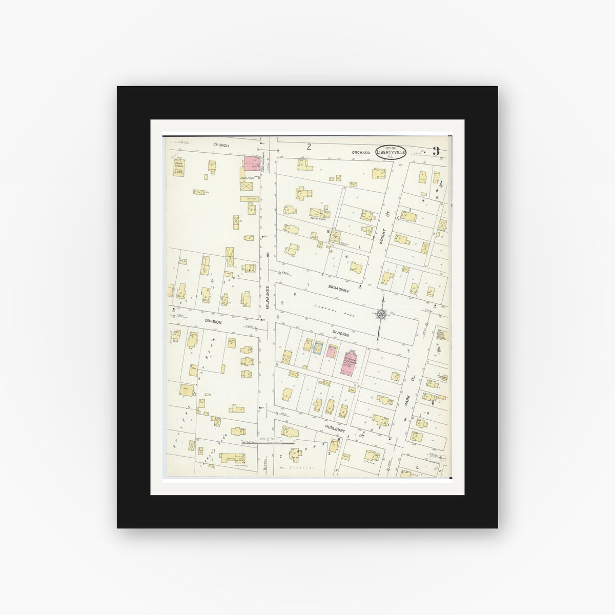 Old map wall art mockup — black gallery frame with white mat — Sanborn Fire Insurance Map from Libertyville, Lake County, Illinois (1912), Sheet #0003
