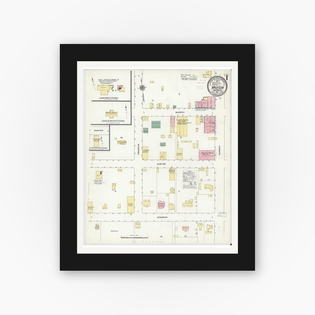 Old map wall art mockup — black gallery frame with white mat — Sanborn Fire Insurance Map from Madison, Rockingham County, North Carolina (1910), Sheet #0001