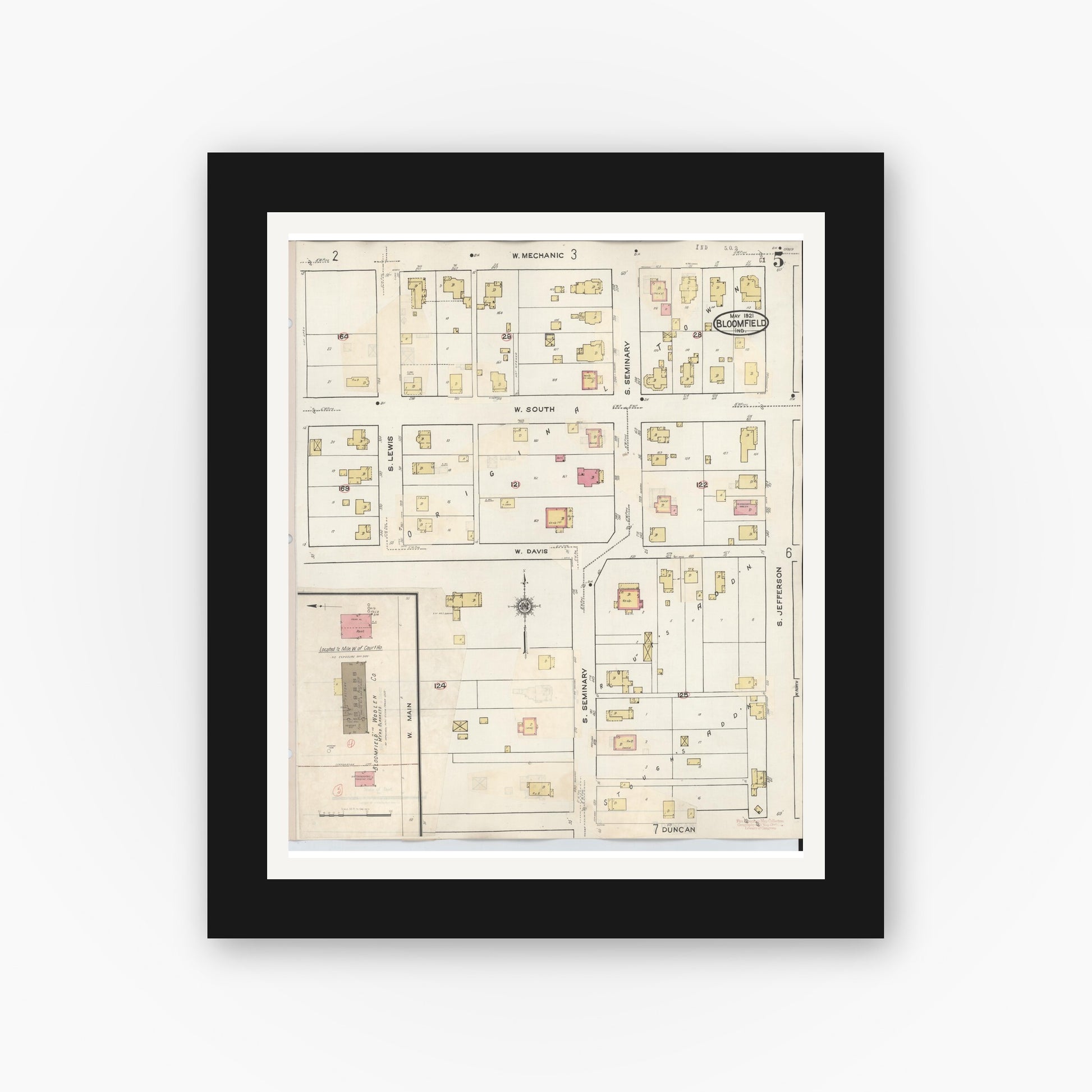 Old map wall art mockup — black gallery frame with white mat — Sanborn Fire Insurance Map from Bloomfield, Greene County, Indiana (1940), Sheet #0005