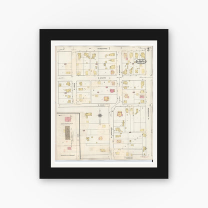 Old map wall art mockup — black gallery frame with white mat — Sanborn Fire Insurance Map from Bloomfield, Greene County, Indiana (1940), Sheet #0005
