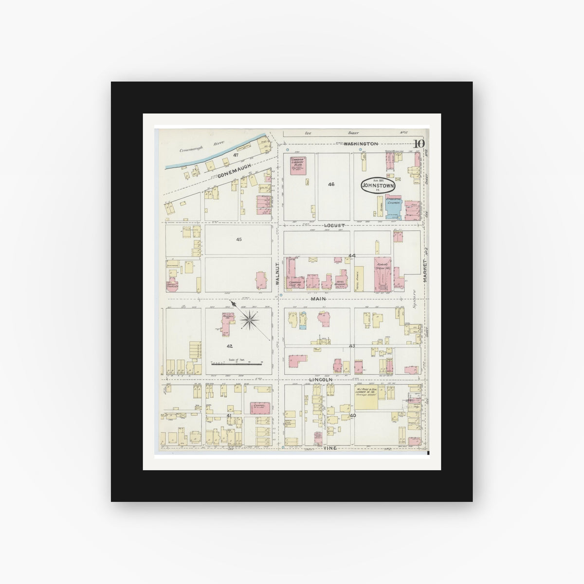 Old map wall art mockup — black gallery frame with white mat — Sanborn Fire Insurance Map from Johnstown, Cambria County, Pennsylvania (1891), Sheet #0010
