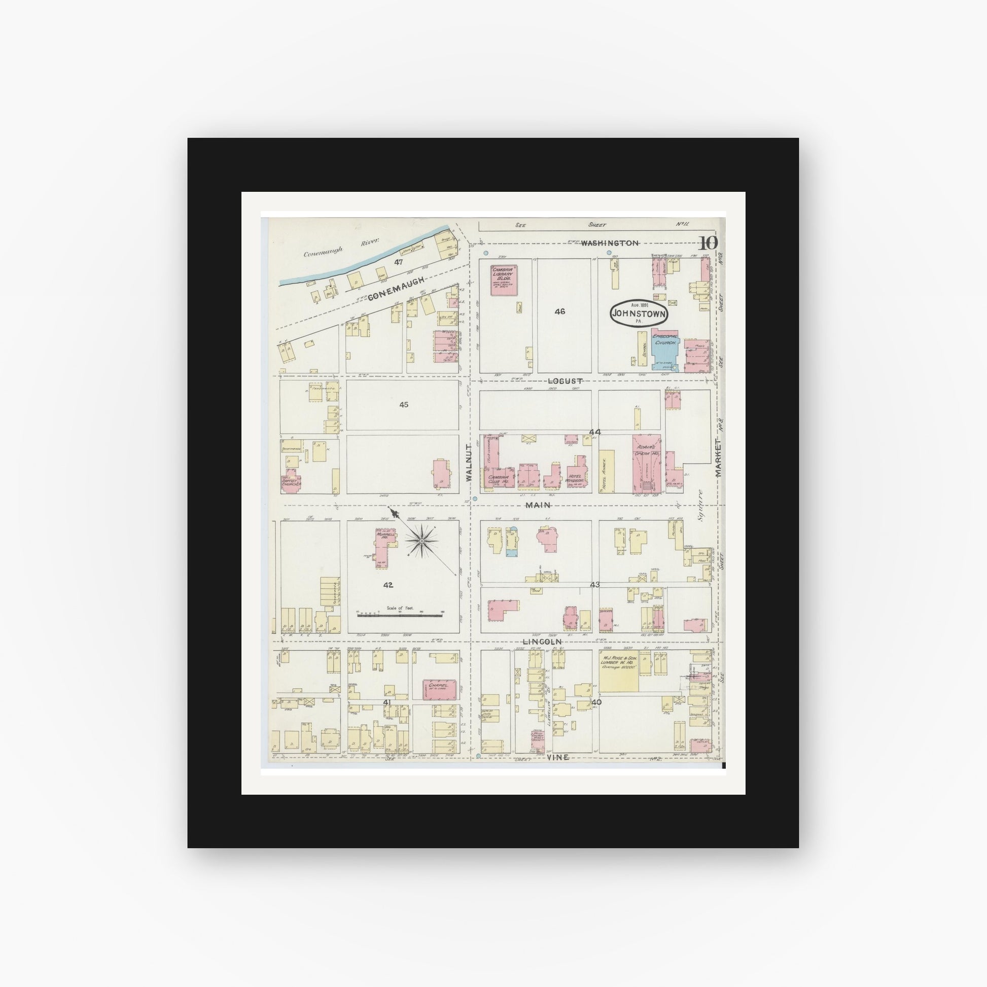 Old map wall art mockup — black gallery frame with white mat — Sanborn Fire Insurance Map from Johnstown, Cambria County, Pennsylvania (1891), Sheet #0010