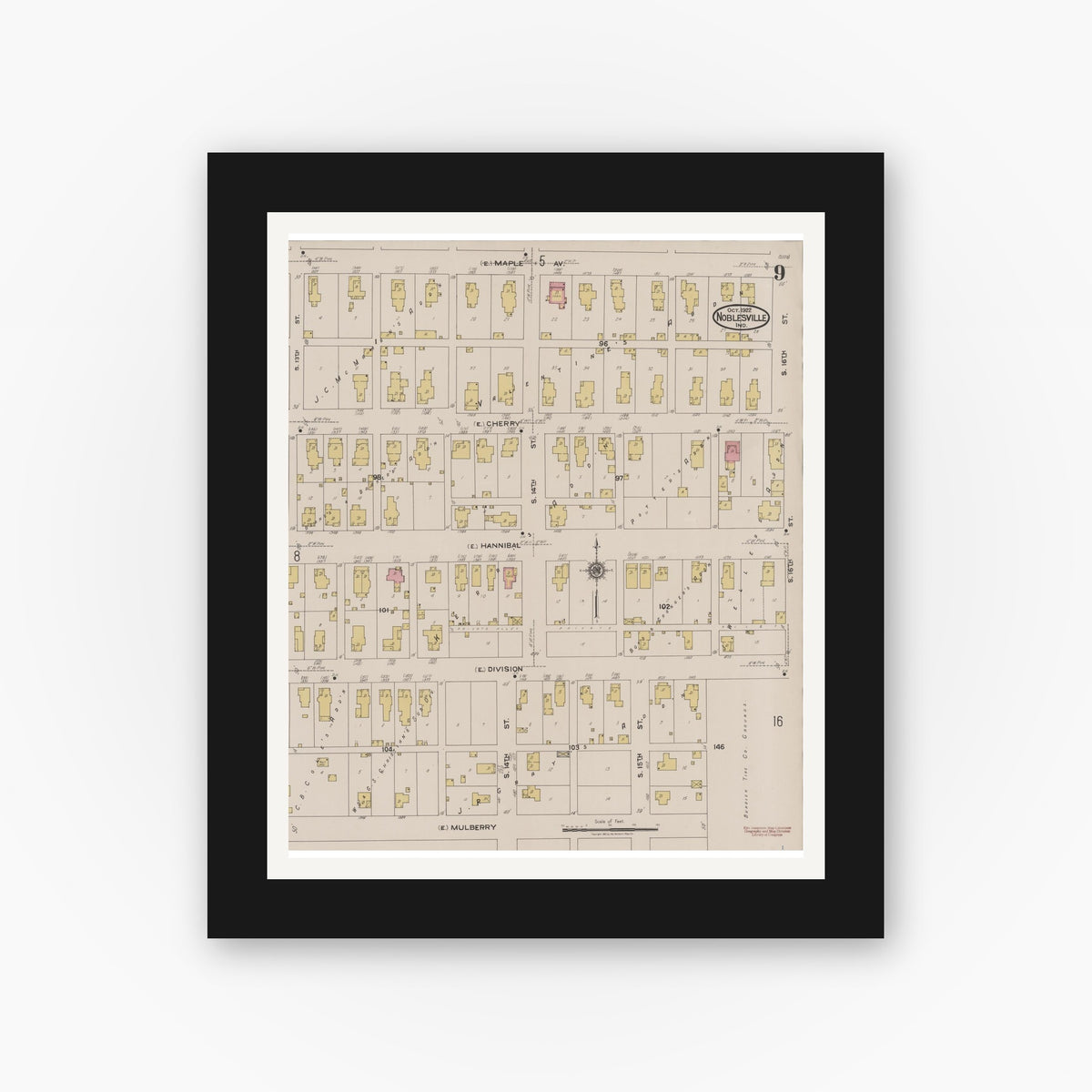 Old map wall art mockup — black gallery frame with white mat — Sanborn Fire Insurance Map from Noblesville, Hamilton County, Indiana (1922), Sheet #0009