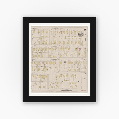 Old map wall art mockup — black gallery frame with white mat — Sanborn Fire Insurance Map from Noblesville, Hamilton County, Indiana (1922), Sheet #0009