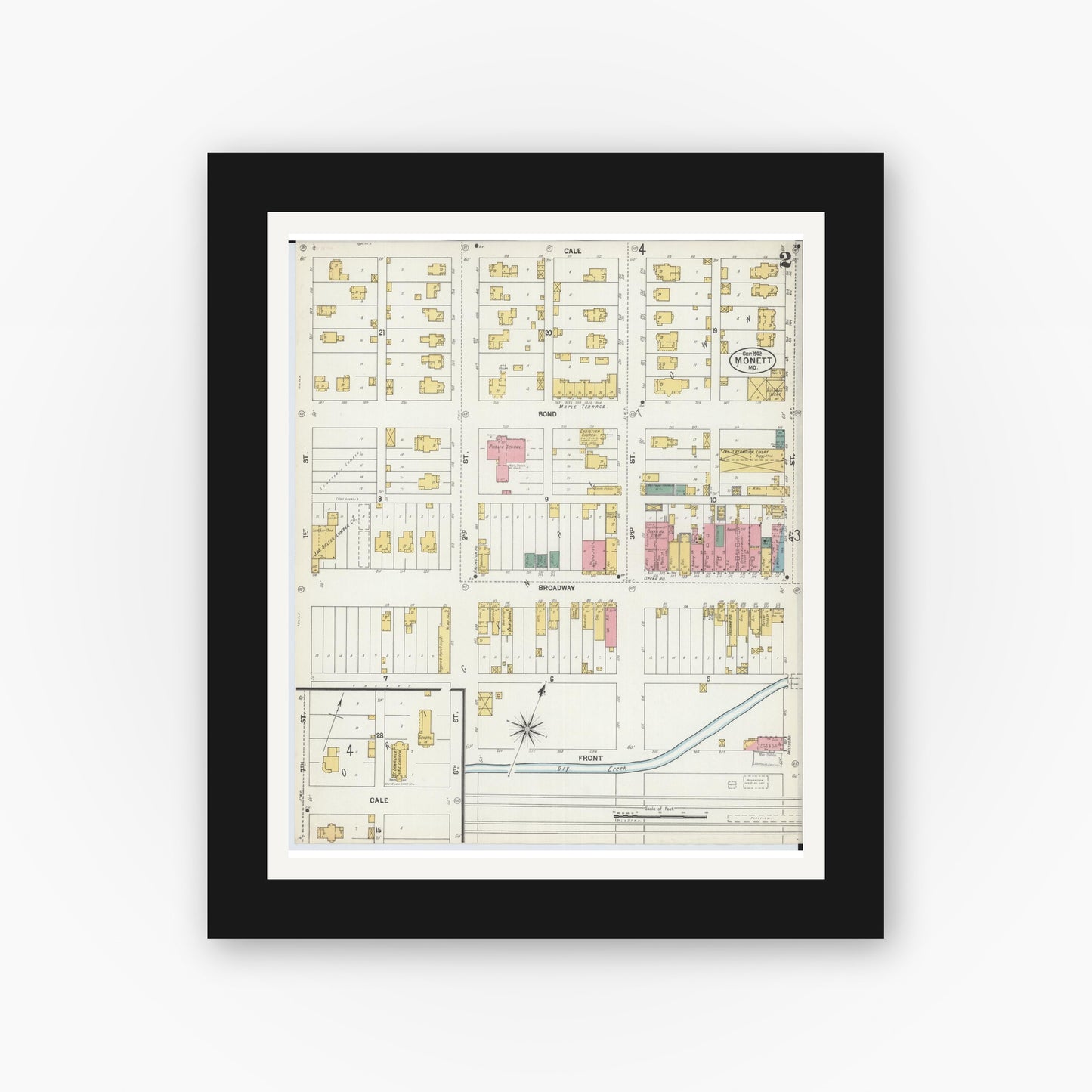 Old map wall art mockup — black gallery frame with white mat — Sanborn Fire Insurance Map from Monett, Barry County, Missouri (1902), Sheet #0002