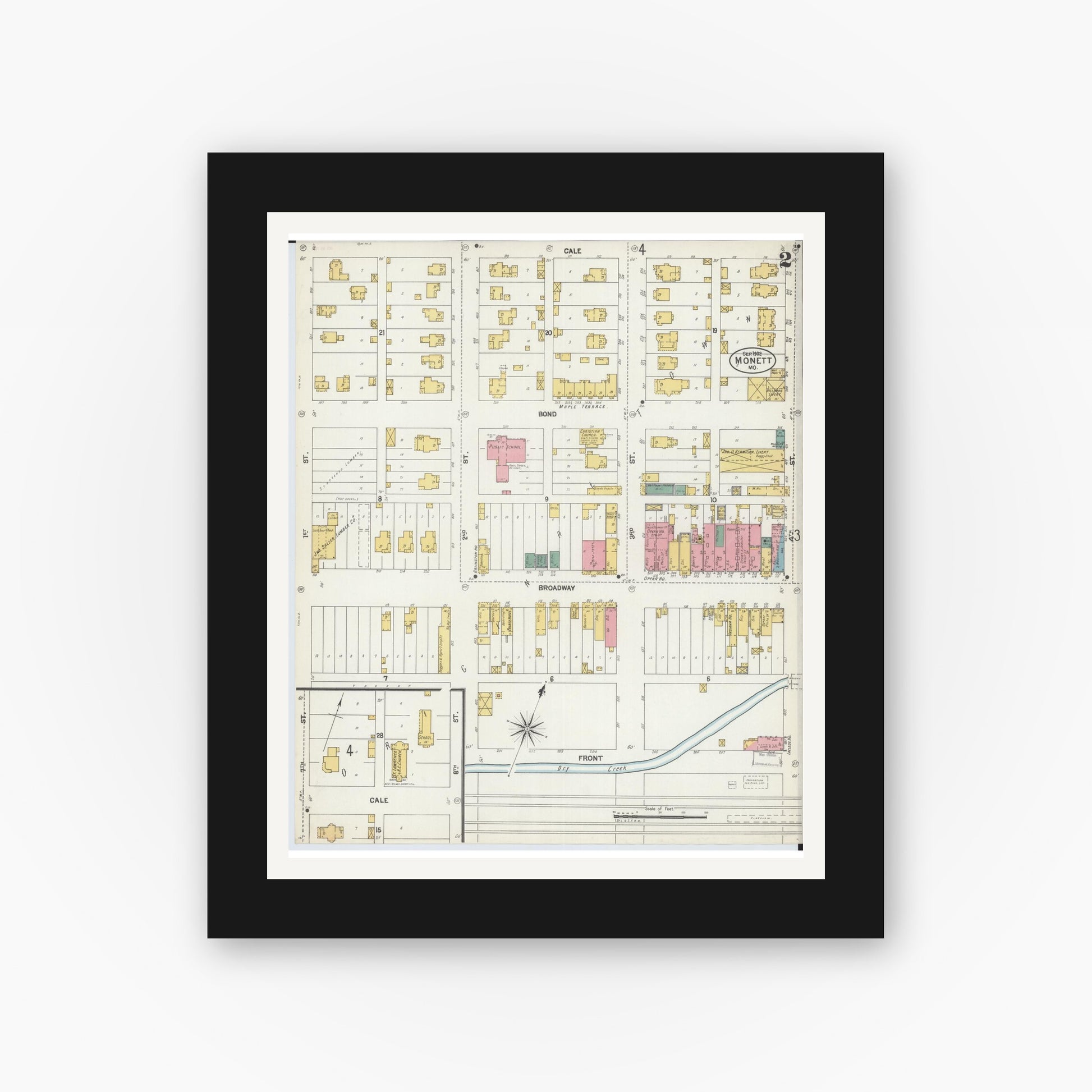 Old map wall art mockup — black gallery frame with white mat — Sanborn Fire Insurance Map from Monett, Barry County, Missouri (1902), Sheet #0002