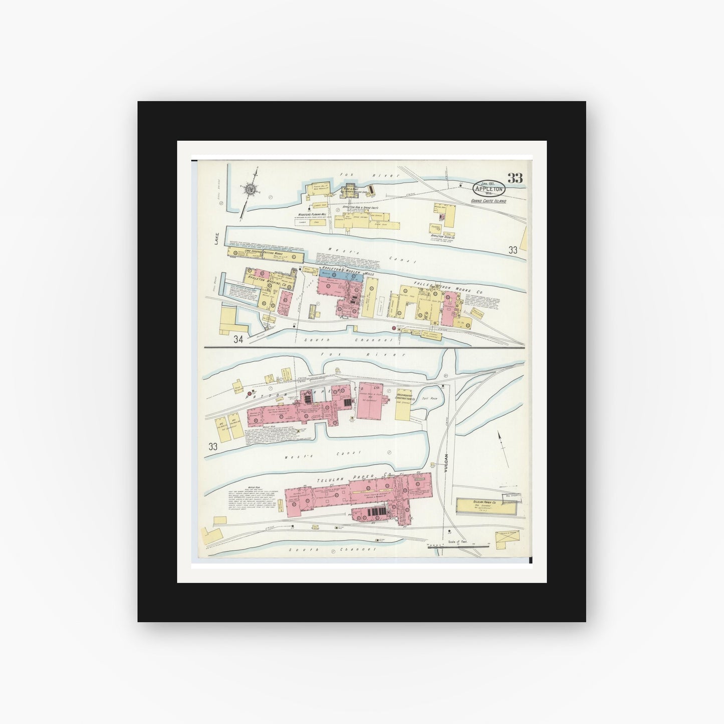Old map wall art mockup — black gallery frame with white mat — Sanborn Fire Insurance Map from Appleton, Outagamie County, Wisconsin (1911), Sheet #0033