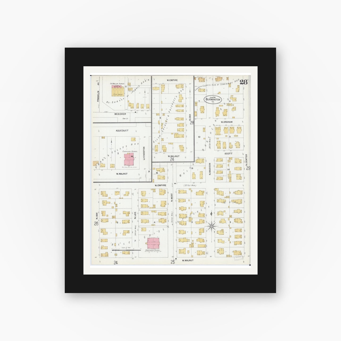 Old map wall art mockup — black gallery frame with white mat — Sanborn Fire Insurance Map from Bloomington, McLean County, Illinois (1901), Sheet #0028