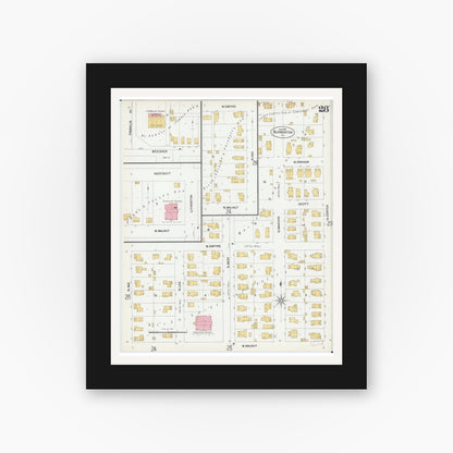 Old map wall art mockup — black gallery frame with white mat — Sanborn Fire Insurance Map from Bloomington, McLean County, Illinois (1901), Sheet #0028
