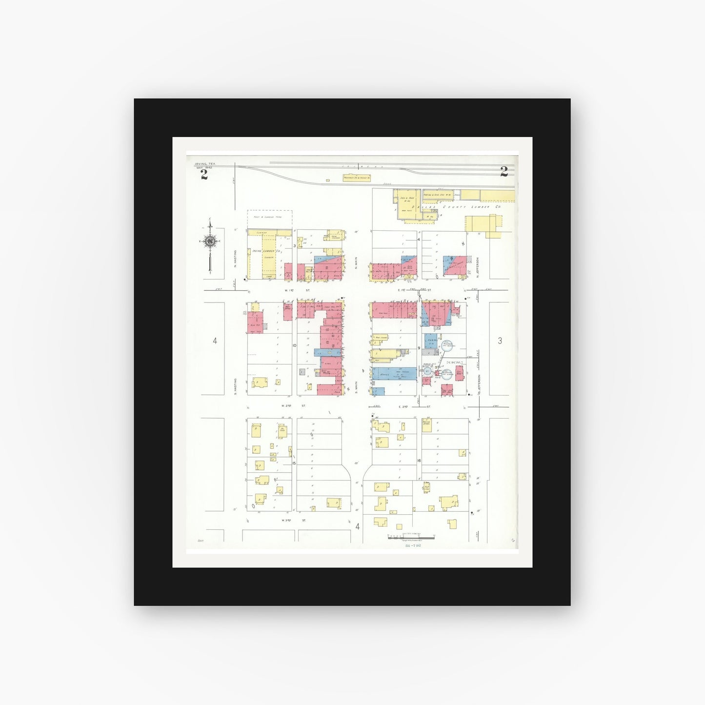 Old map wall art mockup — black gallery frame with white mat — Sanborn Fire Insurance Map from Irving, Dallas County, Texas (1942), Sheet #0002