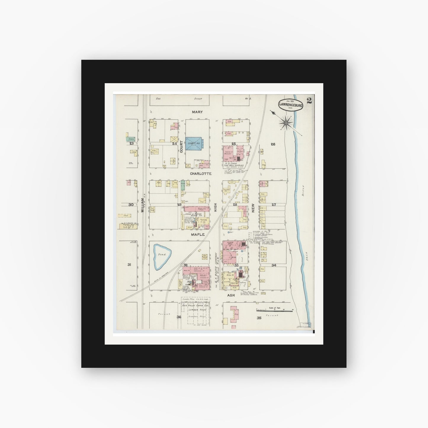 Old map wall art mockup — black gallery frame with white mat — Sanborn Fire Insurance Map from Lawrenceburg, Dearborn County, Indiana (1891), Sheet #0002