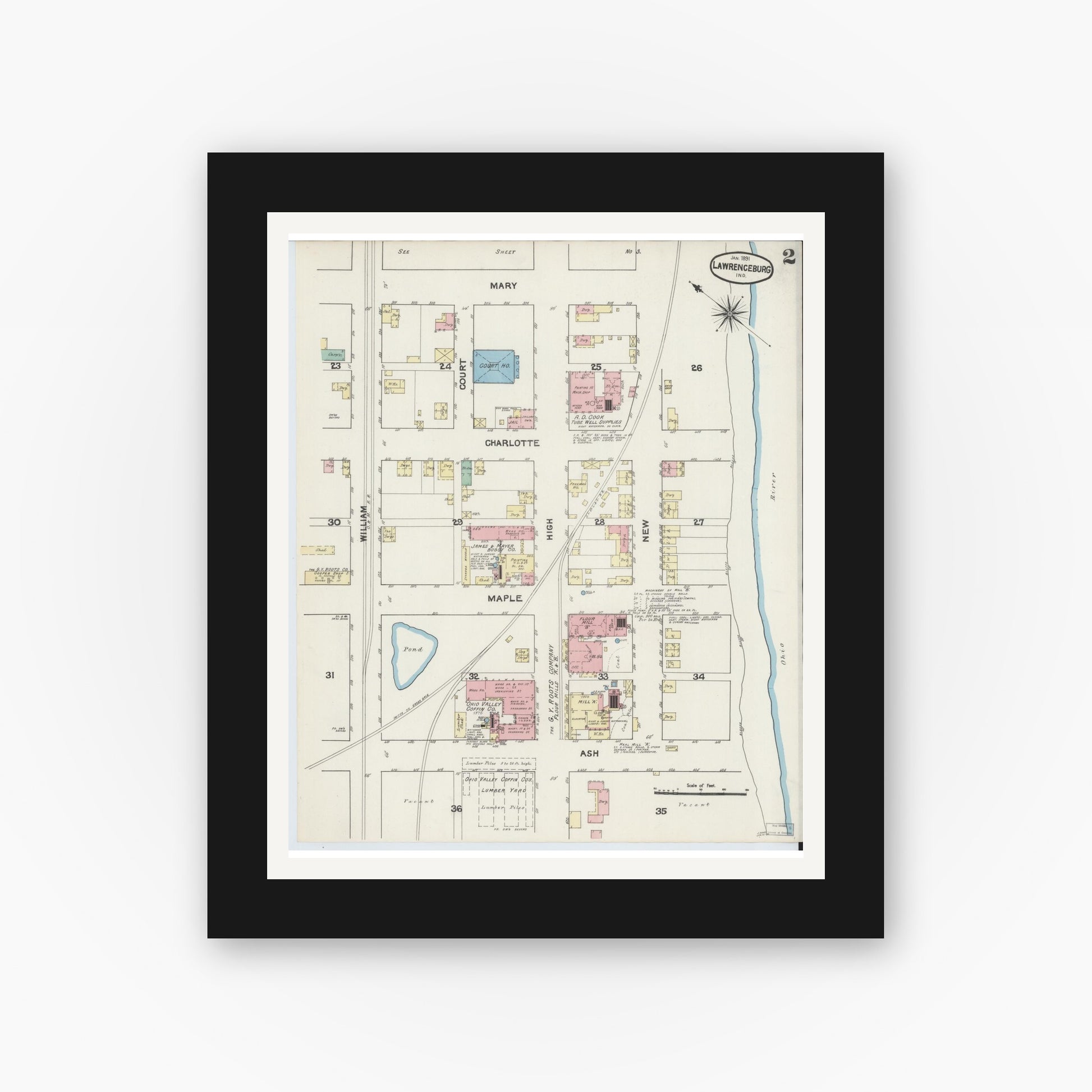 Old map wall art mockup — black gallery frame with white mat — Sanborn Fire Insurance Map from Lawrenceburg, Dearborn County, Indiana (1891), Sheet #0002