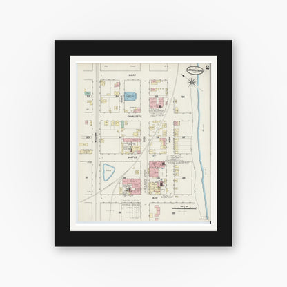 Old map wall art mockup — black gallery frame with white mat — Sanborn Fire Insurance Map from Lawrenceburg, Dearborn County, Indiana (1891), Sheet #0002