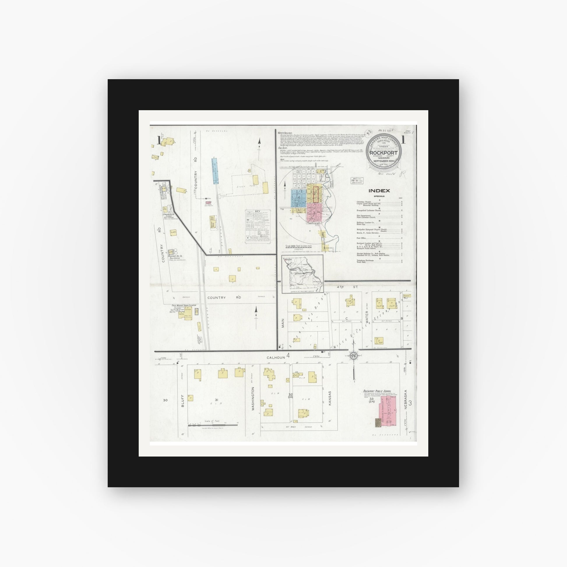 Old map wall art mockup — black gallery frame with white mat — Sanborn Fire Insurance Map from Rockport, Atchison County, Missouri (1928) - Complete Map Set