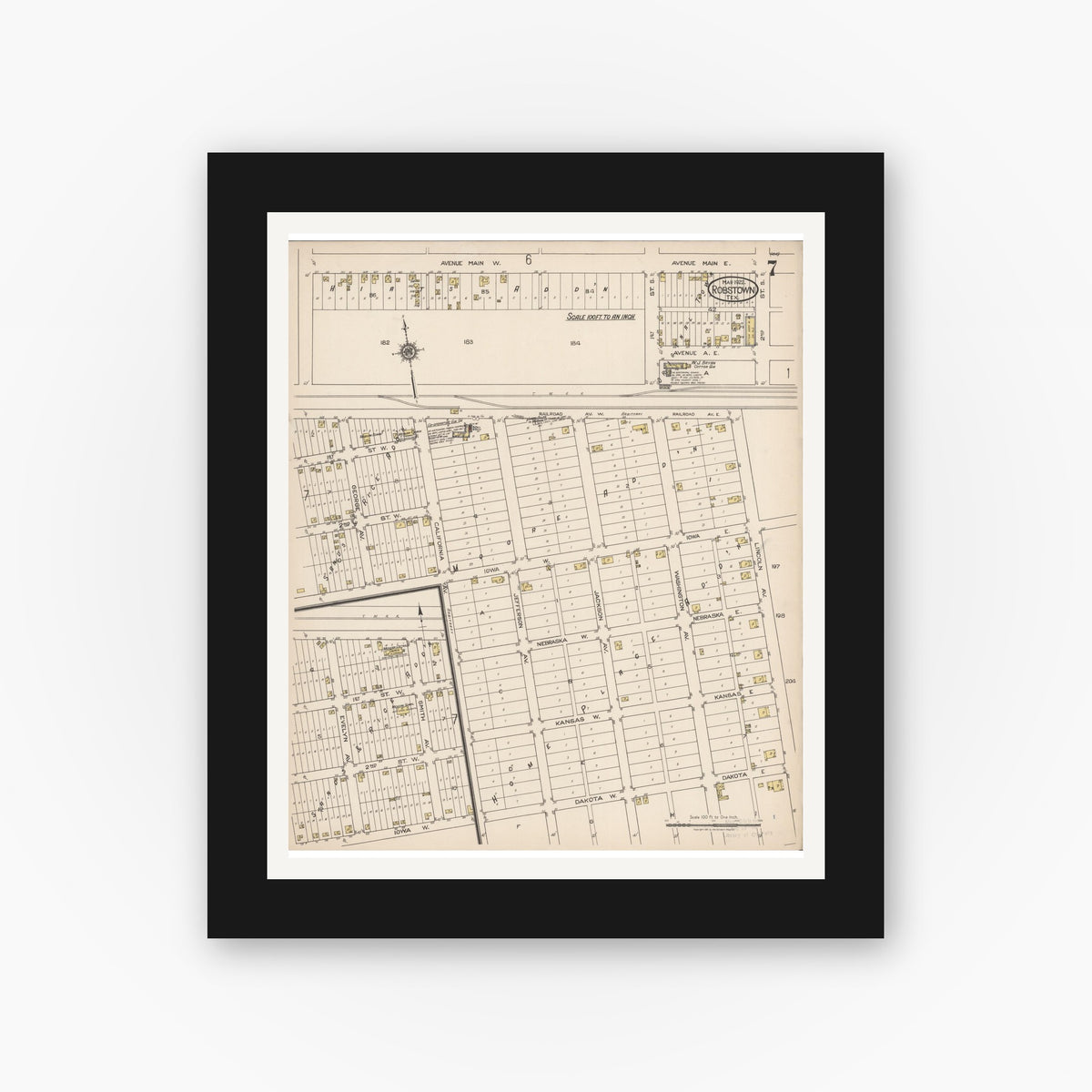 Old map wall art mockup — black gallery frame with white mat — Sanborn Fire Insurance Map from Robstown, Nueces County, Texas (1922), Sheet #0007