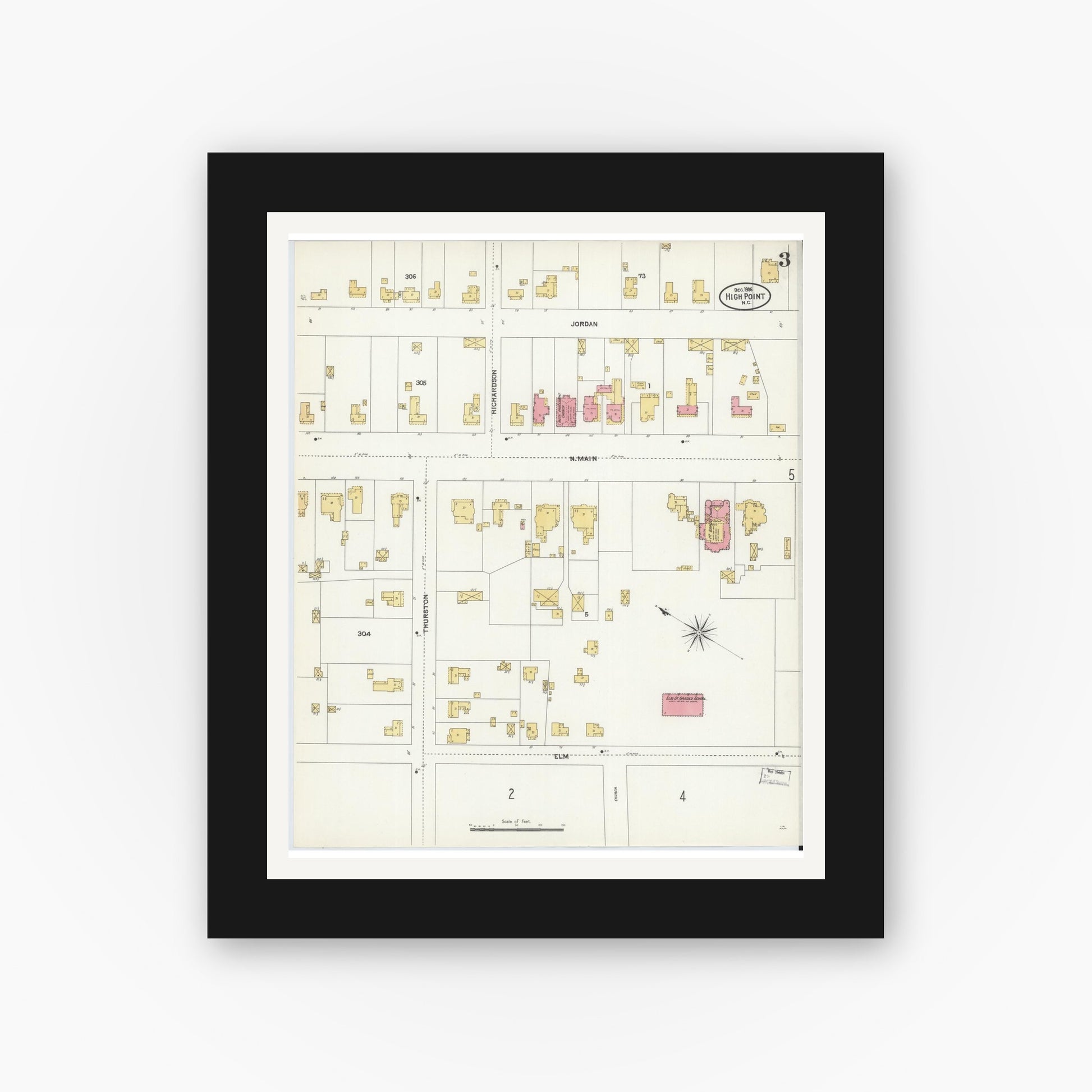 Old map wall art mockup — black gallery frame with white mat — Sanborn Fire Insurance Map from High Point, Guilford County, North Carolina (1906), Sheet #0003