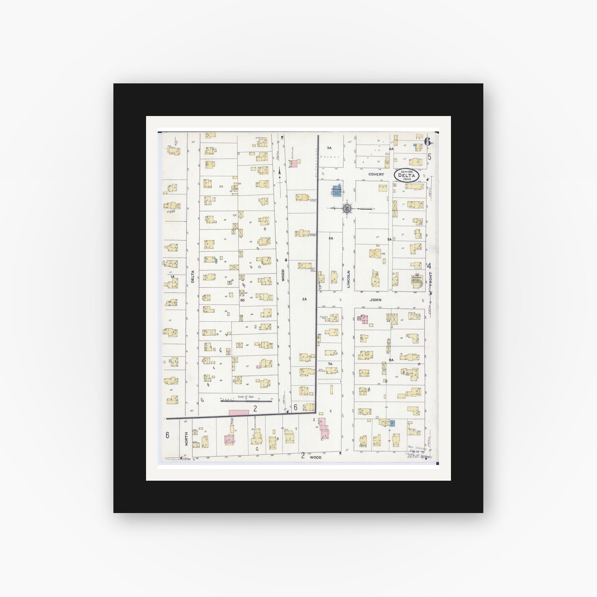 Old map wall art mockup — black gallery frame with white mat — Sanborn Fire Insurance Map from Delta, Fulton County, Ohio (1910), Sheet #0006