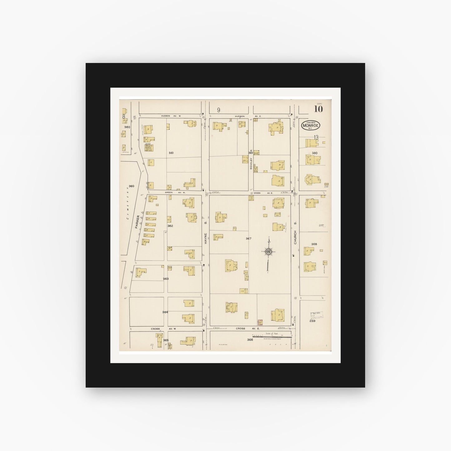 Old map wall art mockup — black gallery frame with white mat — Sanborn Fire Insurance Map from Monroe, Union County, North Carolina (1922), Sheet #0010