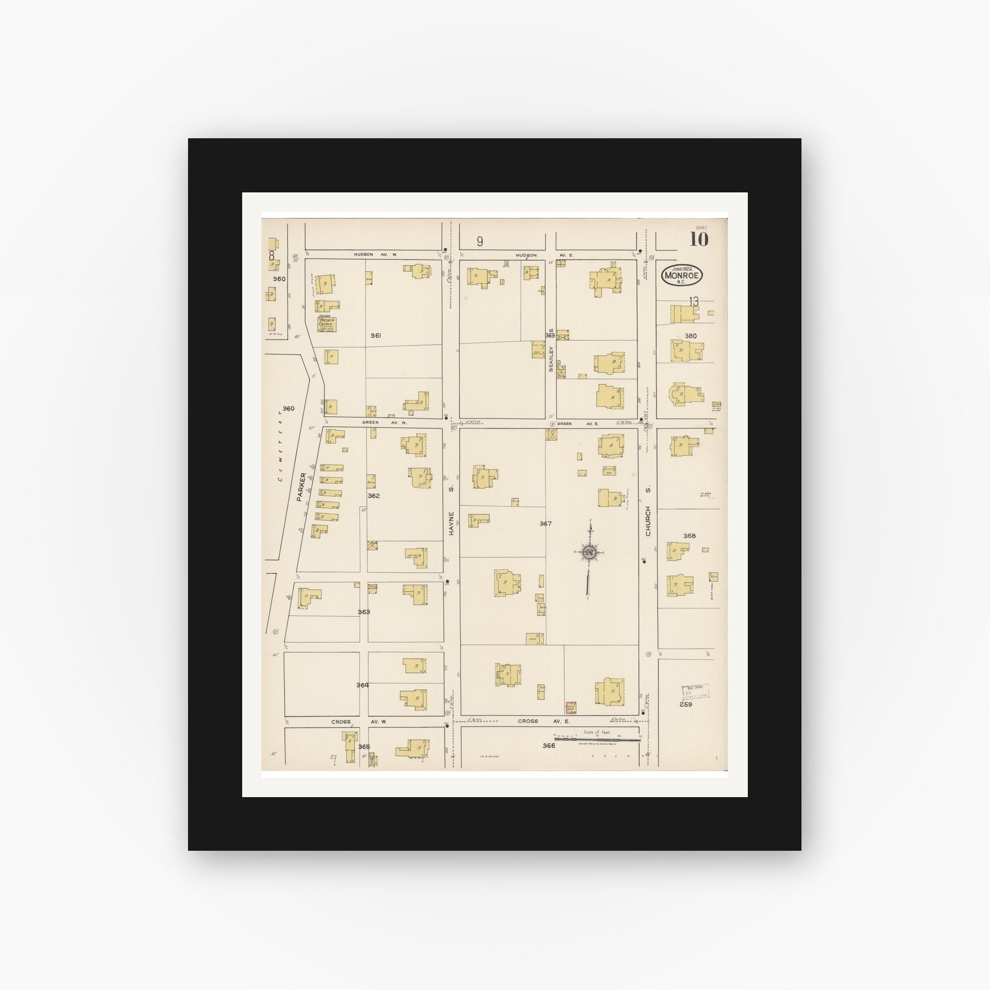 Old map wall art mockup — black gallery frame with white mat — Sanborn Fire Insurance Map from Monroe, Union County, North Carolina (1922), Sheet #0010
