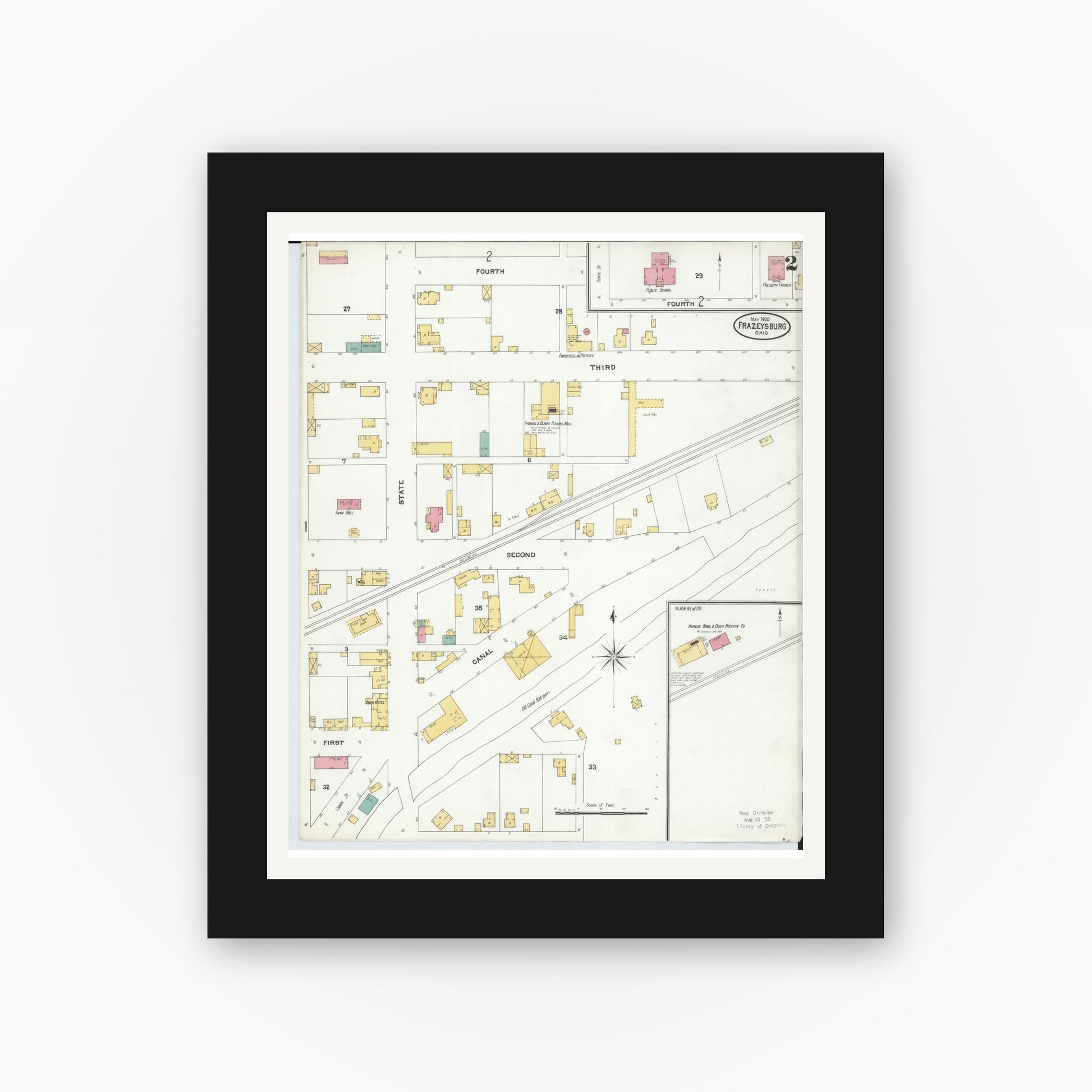Old map wall art mockup — black gallery frame with white mat — Sanborn Fire Insurance Map from Frazeysburg, Muskingum County, Ohio (1905), Sheet #0002