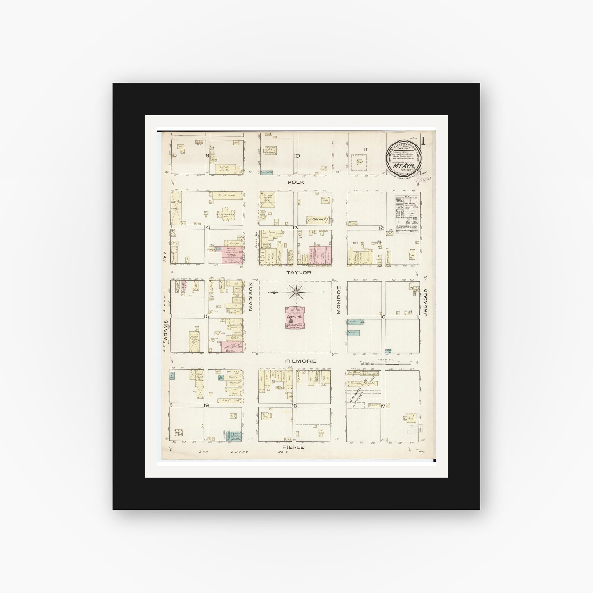 Old map wall art mockup — black gallery frame with white mat — Sanborn Fire Insurance Map from Mount Ayr, Ringgold County, Iowa (1886) â€” Complete Set