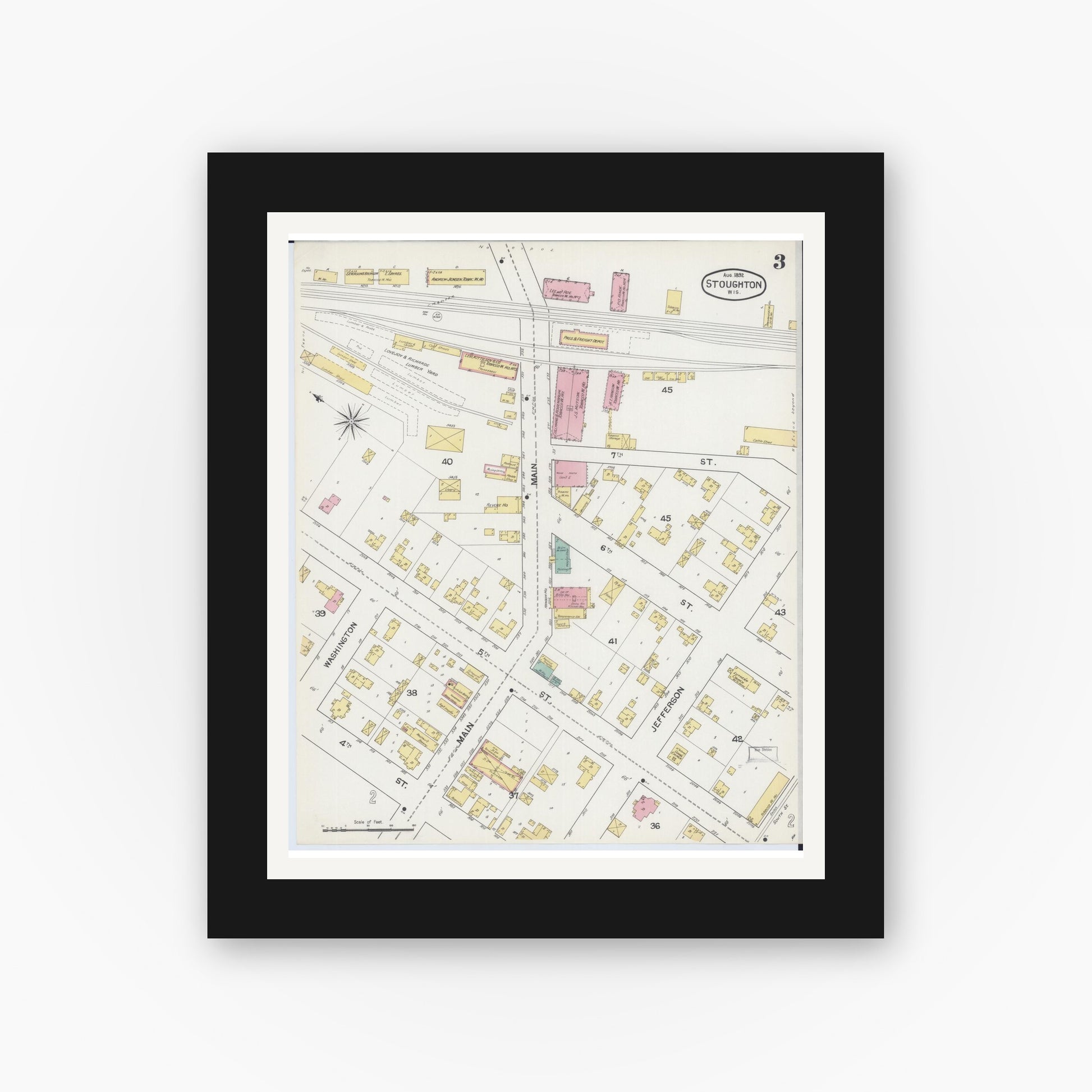 Old map wall art mockup — black gallery frame with white mat — Sanborn Fire Insurance Map from Stoughton, Dane County, Wisconsin (1892), Sheet #0003