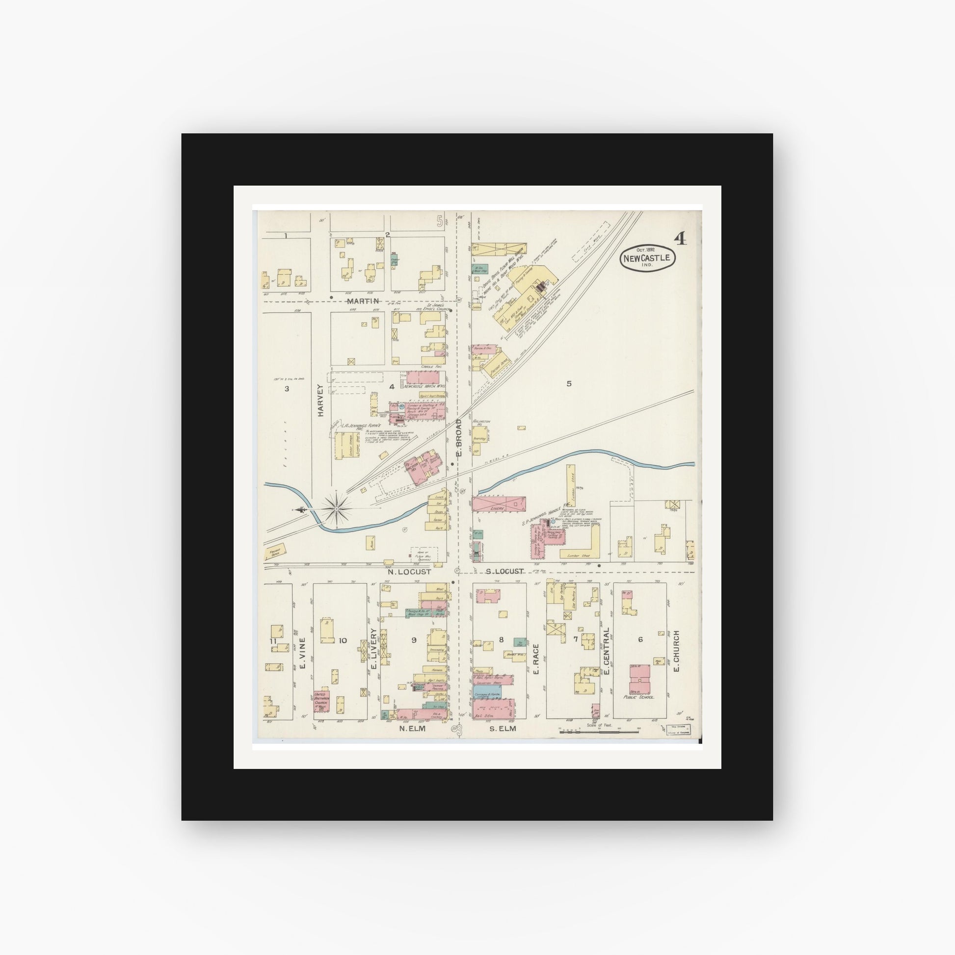 Old map wall art mockup — black gallery frame with white mat — Sanborn Fire Insurance Map from New Castle, Henry County, Indiana (1892), Sheet #0004
