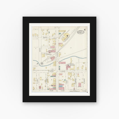 Old map wall art mockup — black gallery frame with white mat — Sanborn Fire Insurance Map from New Castle, Henry County, Indiana (1892), Sheet #0004