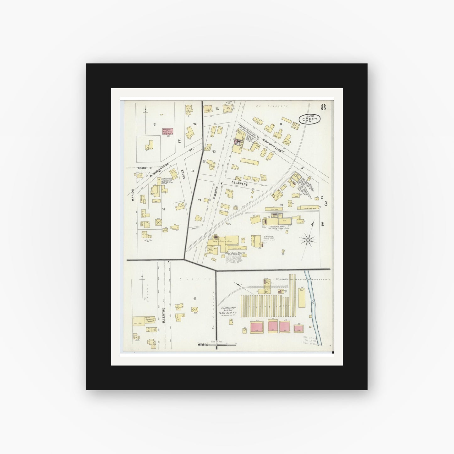 Old map wall art mockup — black gallery frame with white mat — Sanborn Fire Insurance Map from Corry, Erie County, Pennsylvania (1897), Sheet #0008