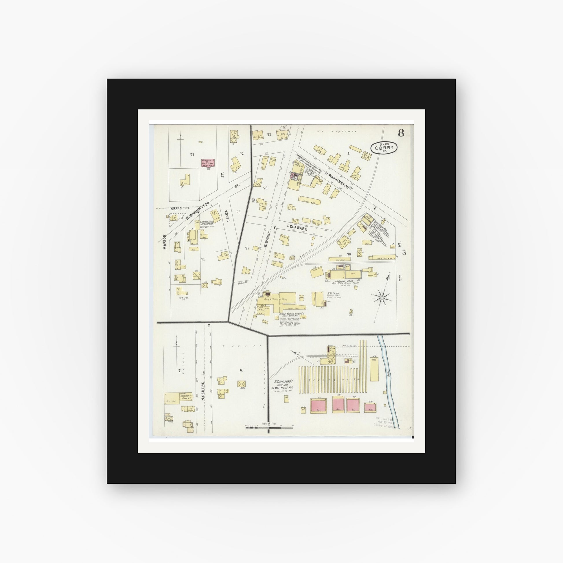 Old map wall art mockup — black gallery frame with white mat — Sanborn Fire Insurance Map from Corry, Erie County, Pennsylvania (1897), Sheet #0008