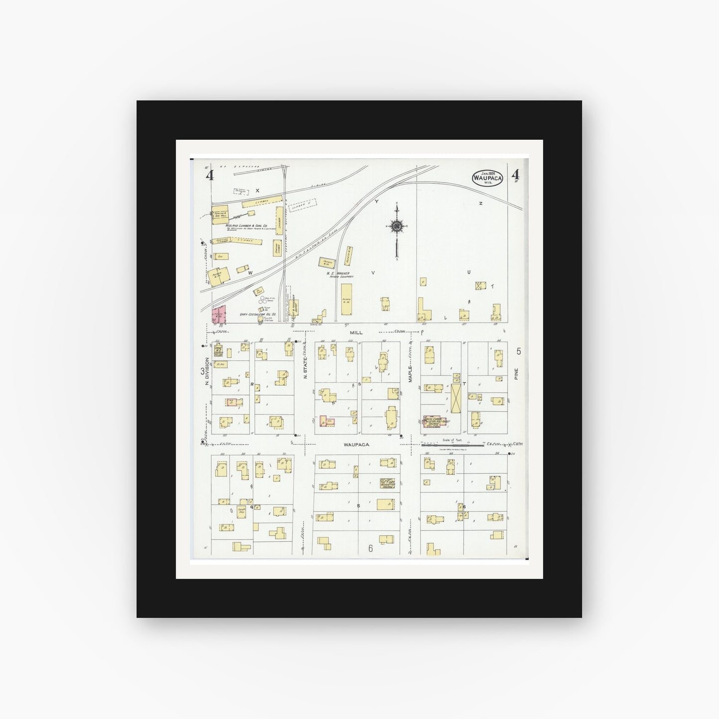 Old map wall art mockup — black gallery frame with white mat — Sanborn Fire Insurance Map from Waupaca, Waupaca County, Wisconsin (1924), Sheet #0004
