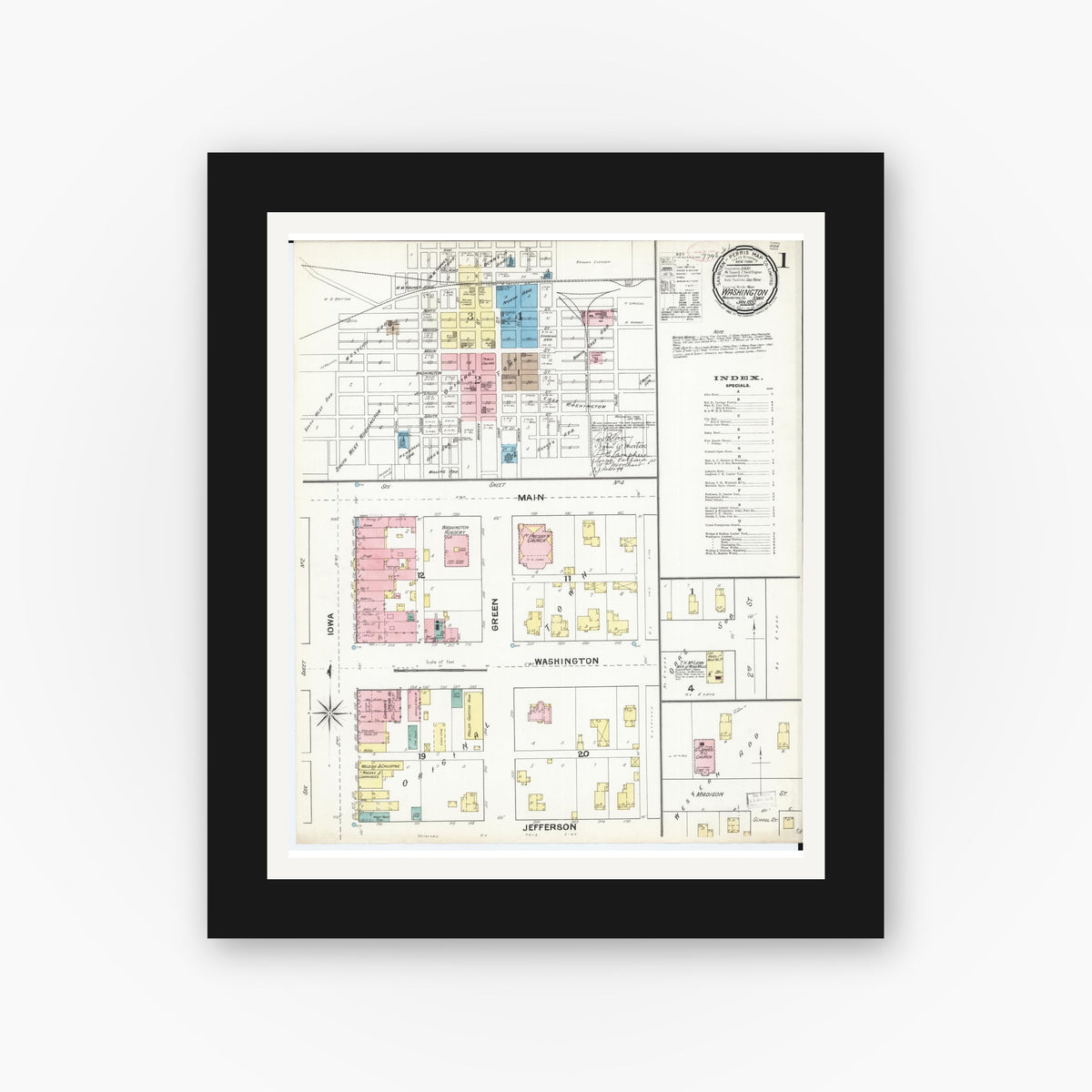 Old map wall art mockup — black gallery frame with white mat — Sanborn Fire Insurance Map from Washington, Washington County, Iowa (1892), Sheet #0001