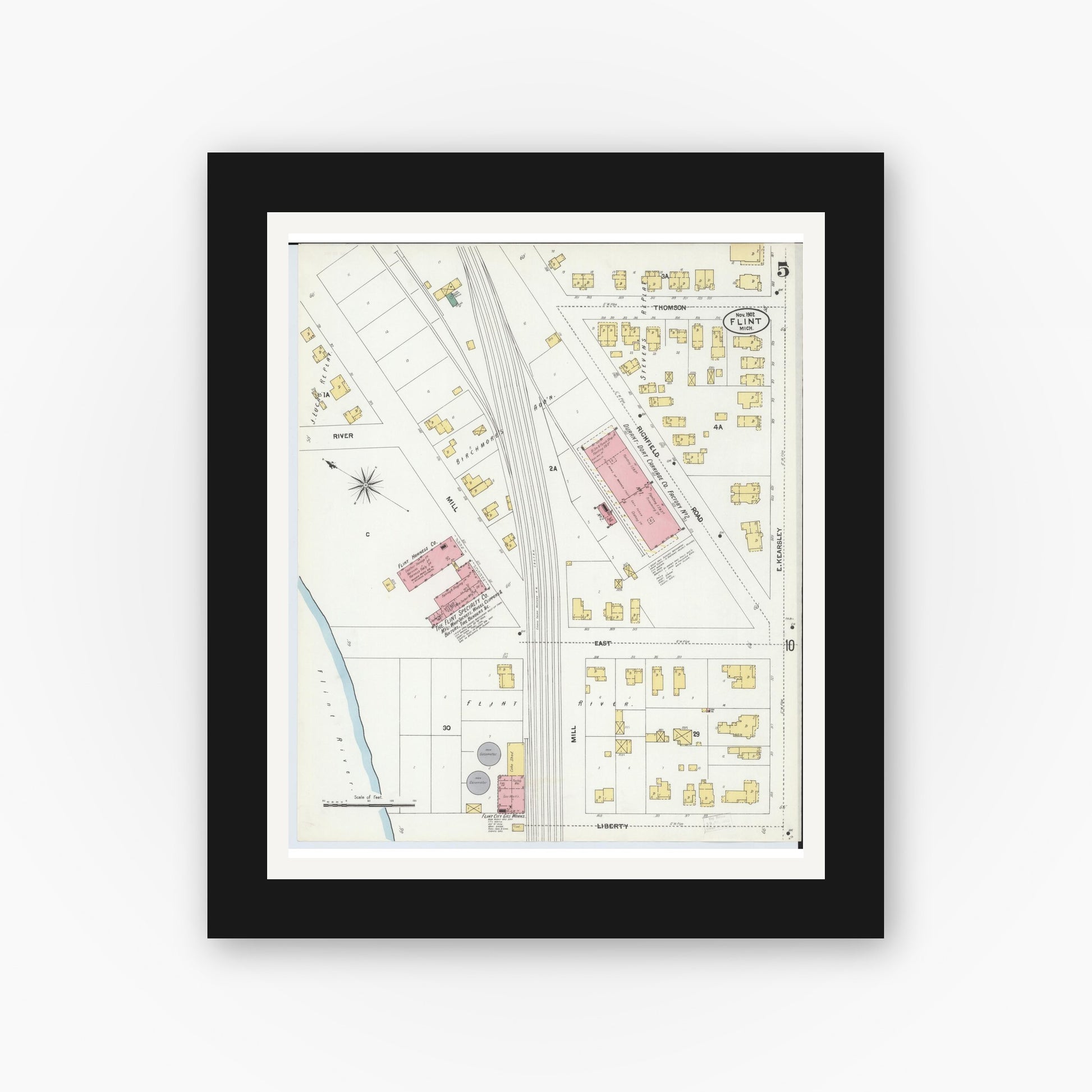 Old map wall art mockup — black gallery frame with white mat — Sanborn Fire Insurance Map from Flint, Genesee County, Michigan (1902), Sheet #0005