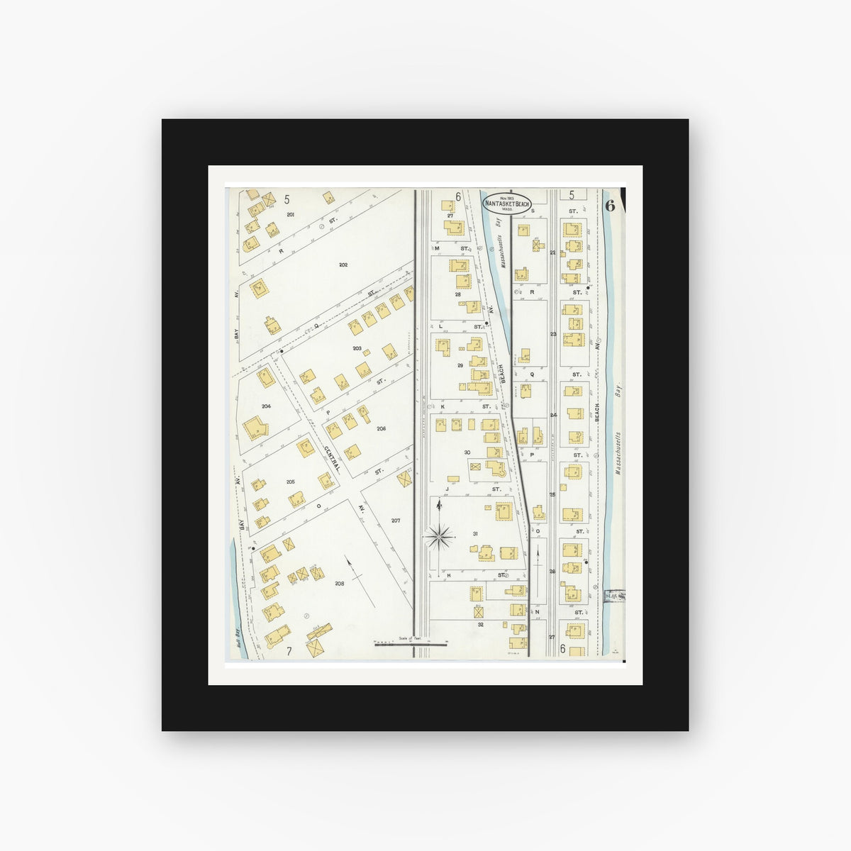 Old map wall art mockup — black gallery frame with white mat — Sanborn Fire Insurance Map from Nantasket Beach, Plymouth County, Massachusetts (1903), Sheet #0006