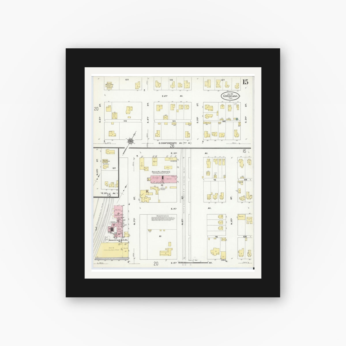 Old map wall art mockup — black gallery frame with white mat — Sanborn Map from Corsicana, Navarro County, Texas (1910), Sheet #0015