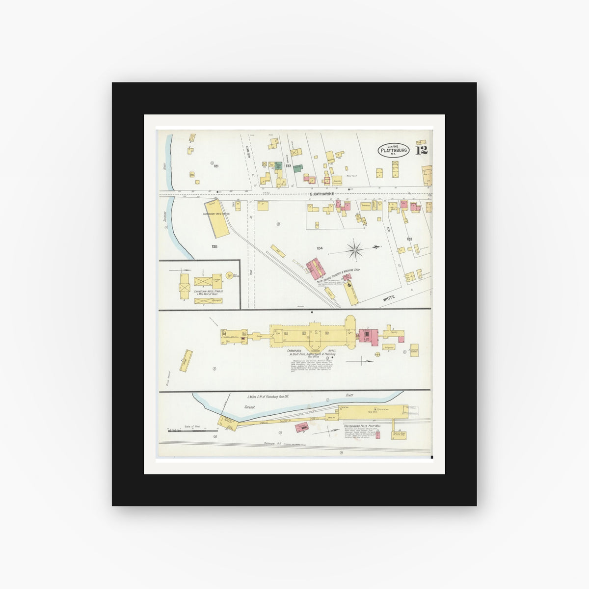 Old map wall art mockup — black gallery frame with white mat — Sanborn Fire Insurance Map from Plattsburg, Clinton County, New York (1902), Sheet #0012