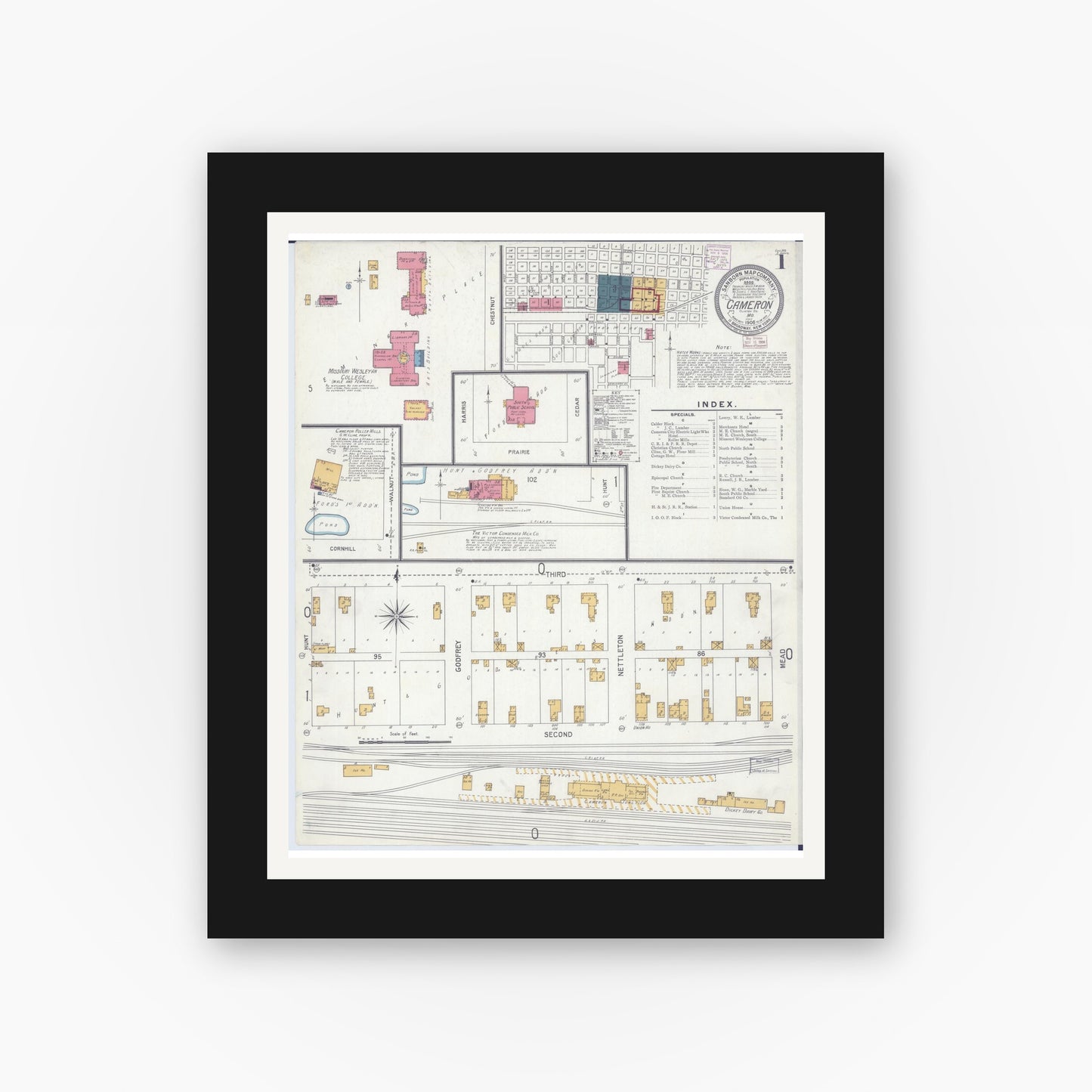 Old map wall art mockup — black gallery frame with white mat — Sanborn Fire Insurance Map from Cameron, Clinton County, Missouri (1906) - Complete Map Set