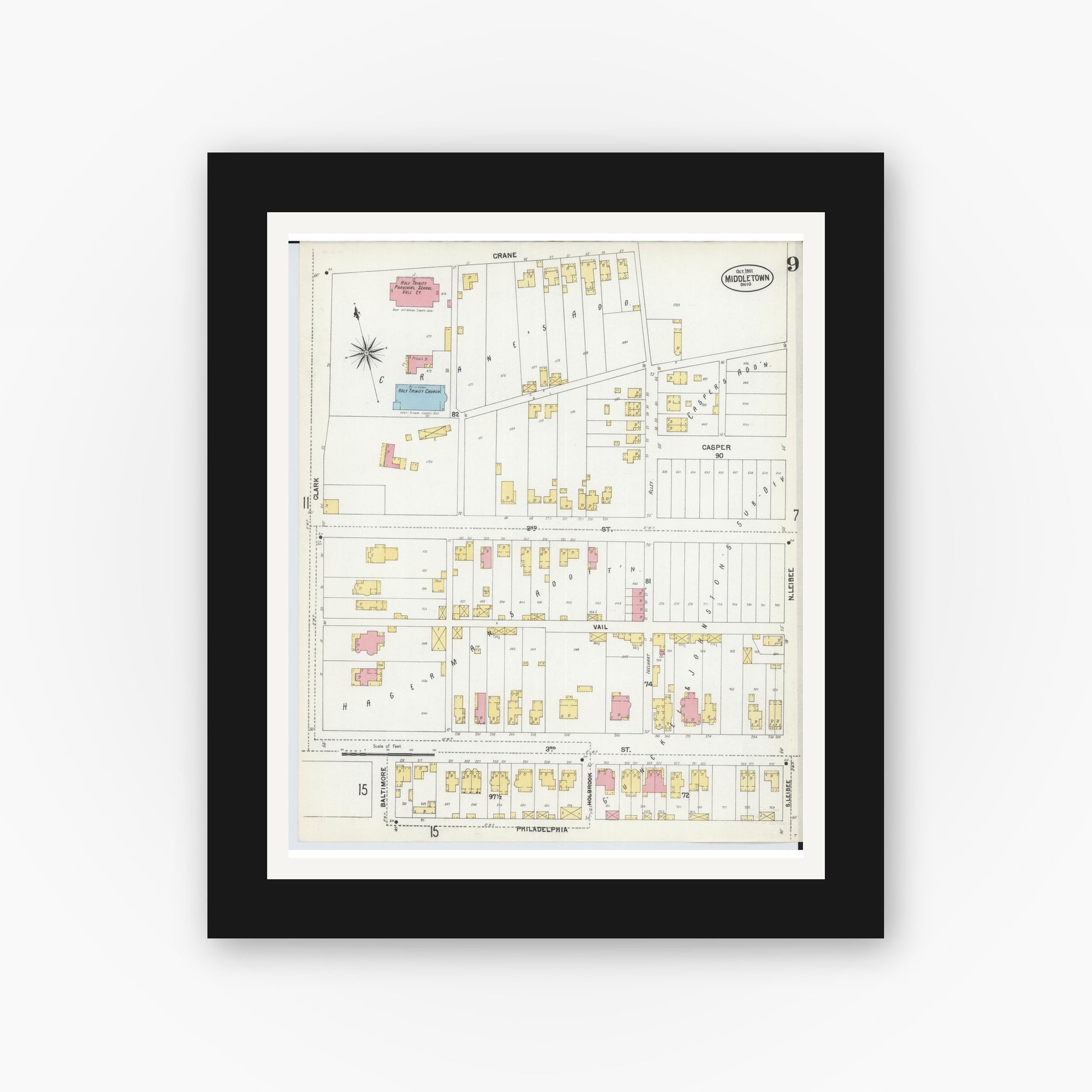 Old map wall art mockup — black gallery frame with white mat — Sanborn Fire Insurance Map from Middletown, Butler County, Ohio (1901), Sheet #0009
