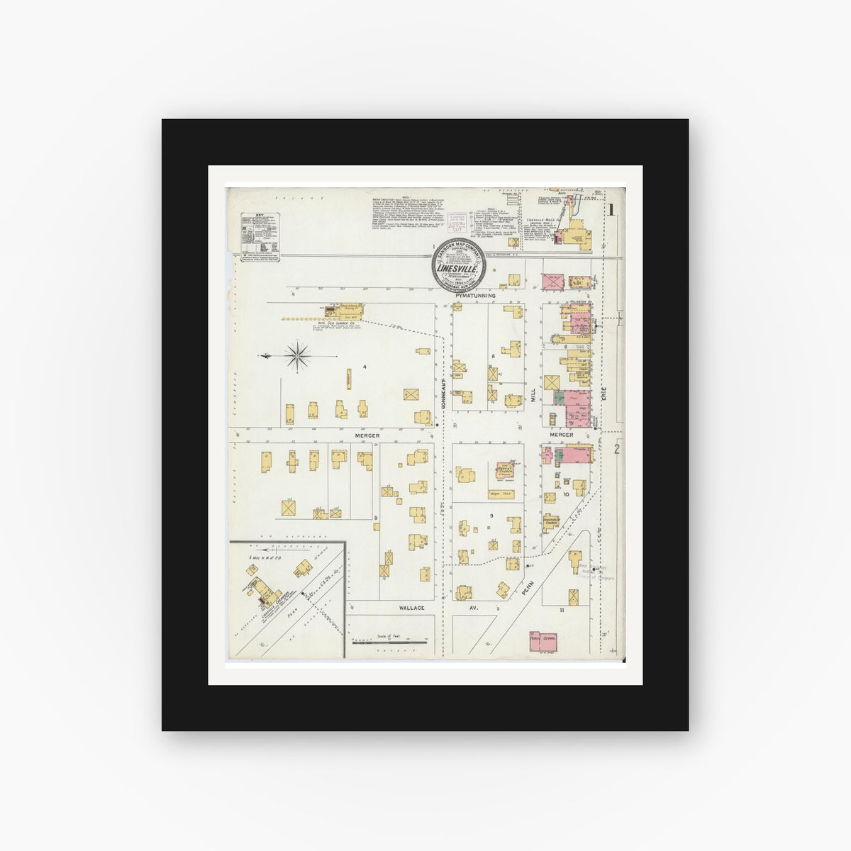 Old map wall art mockup — black gallery frame with white mat — Sanborn Fire Insurance Map from Linesville, Crawford County, Pennsylvania (1904) - Complete Map Set