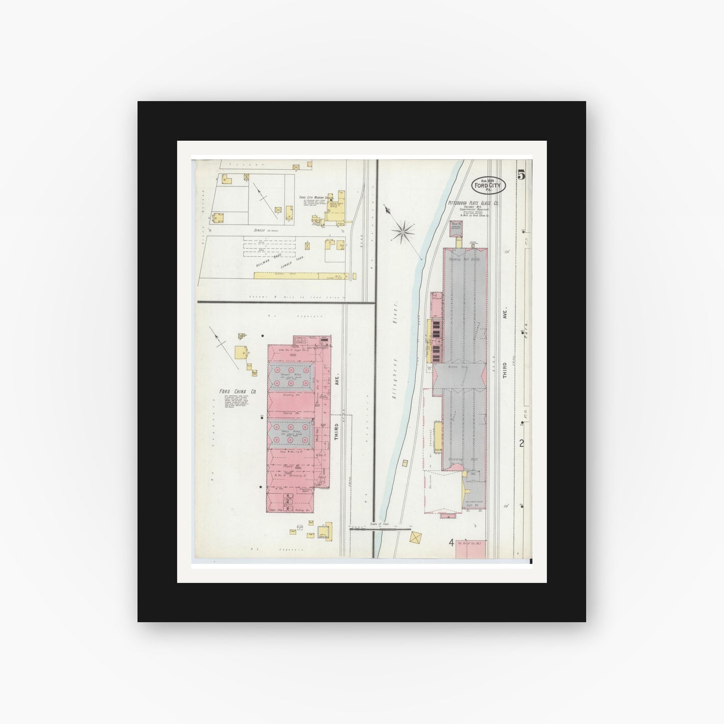 Old map wall art mockup — black gallery frame with white mat — Sanborn Fire Insurance Map from Ford City, Armstrong County, Pennsylvania (1899), Sheet #0005