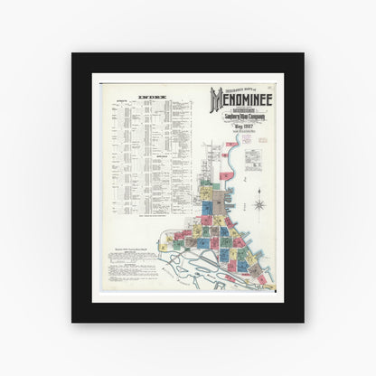 Old map wall art mockup — black gallery frame with white mat — Sanborn Fire Insurance Map from Menominee, Menominee County, Michigan (1907), Sheet #0001