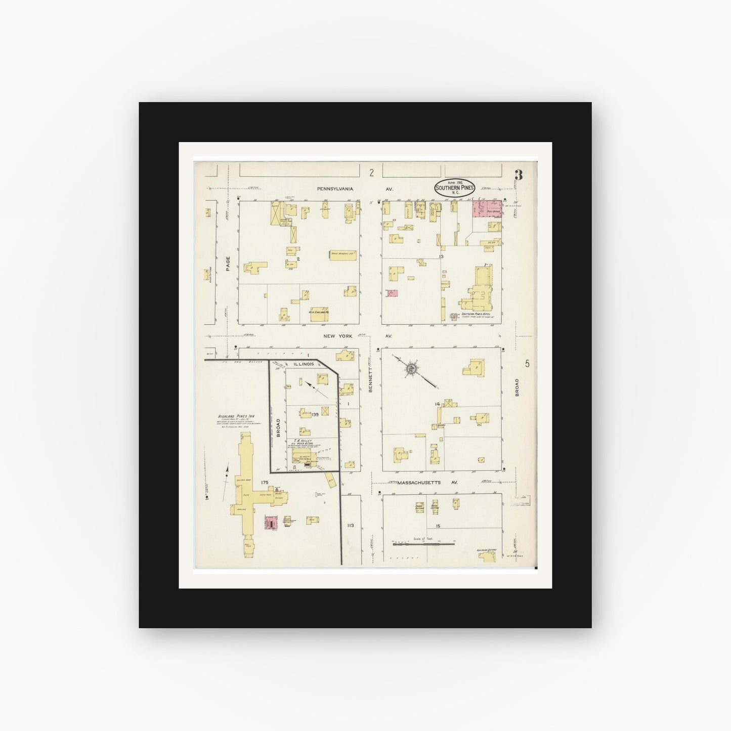 Old map wall art mockup — black gallery frame with white mat — Sanborn Fire Insurance Map from Southern Pines, Moore County, North Carolina (1915), Sheet #0003