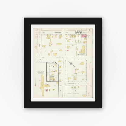 Old map wall art mockup — black gallery frame with white mat — Sanborn Fire Insurance Map from Southern Pines, Moore County, North Carolina (1915), Sheet #0003