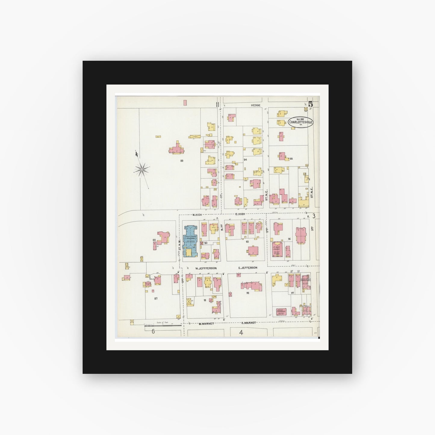 Old map wall art mockup — black gallery frame with white mat — Sanborn Fire Insurance Map from Charlottesville, Independent Cities, Virginia (1902), Sheet #0005