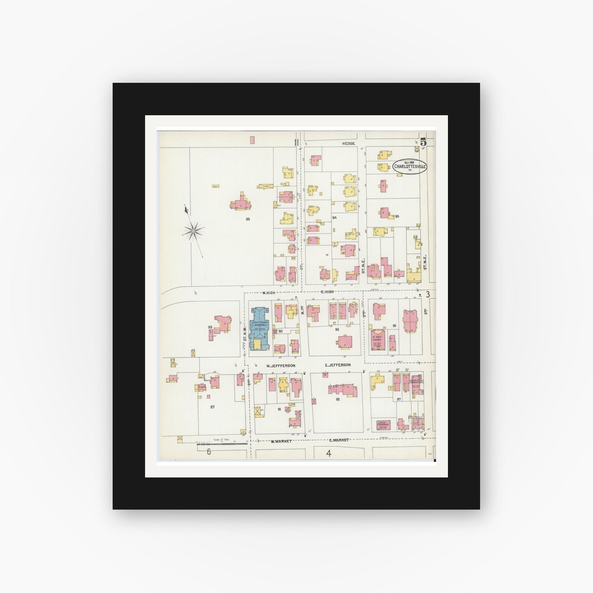 Old map wall art mockup — black gallery frame with white mat — Sanborn Fire Insurance Map from Charlottesville, Independent Cities, Virginia (1902), Sheet #0005