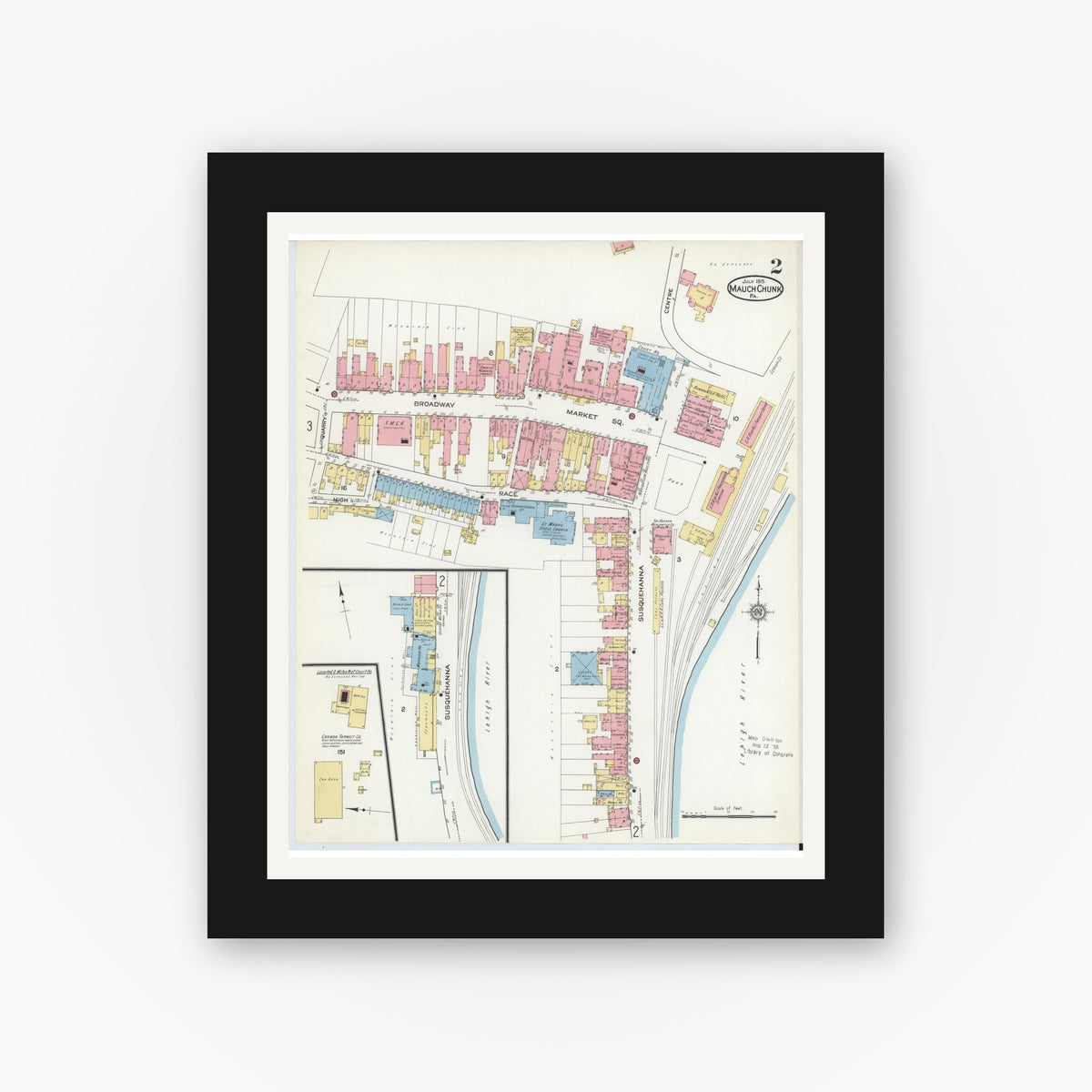 Old map wall art mockup — black gallery frame with white mat — Sanborn Fire Insurance Map from Mauch Chunk, Carbon County, Pennsylvania (1915), Sheet #0002