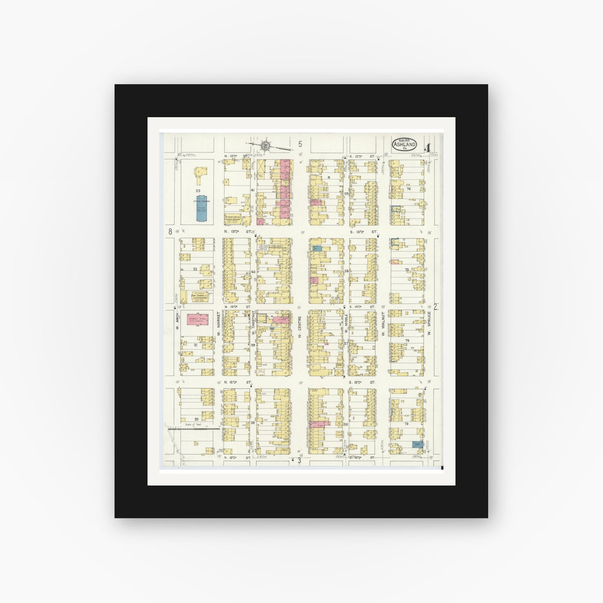 Old map wall art mockup — black gallery frame with white mat — Sanborn Fire Insurance Map from Ashland, Schuylkill County, Pennsylvania (1913), Sheet #0004