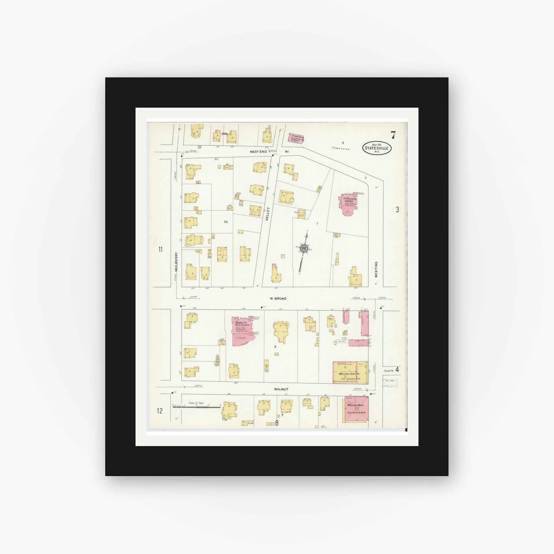 Old map wall art mockup — black gallery frame with white mat — Sanborn Fire Insurance Map from Statesville, Iredell County, North Carolina (1911), Sheet #0007