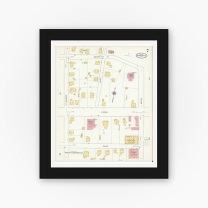 Old map wall art mockup — black gallery frame with white mat — Sanborn Fire Insurance Map from Statesville, Iredell County, North Carolina (1911), Sheet #0007