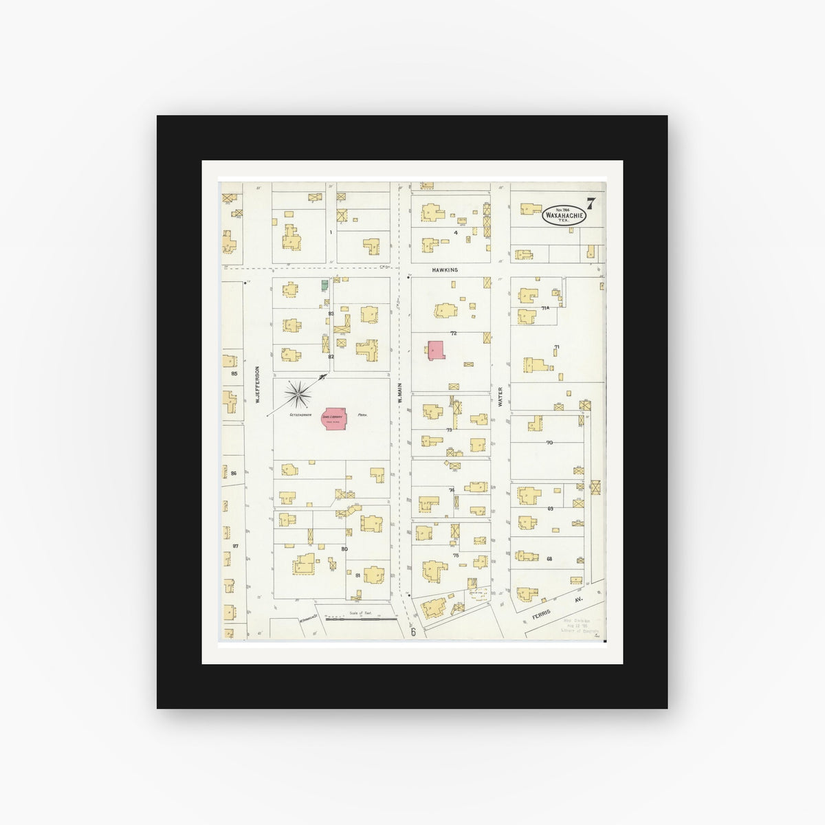 Old map wall art mockup — black gallery frame with white mat — Sanborn Fire Insurance Map from Waxahachie, Ellis County, Texas (1904), Sheet #0007